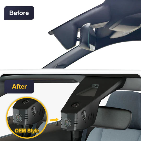 Voor- en nafoto van FitCamX Dashcam geïnstalleerd in een Peugeot e-208 2020-2025 bij de achteruitkijkspiegel.