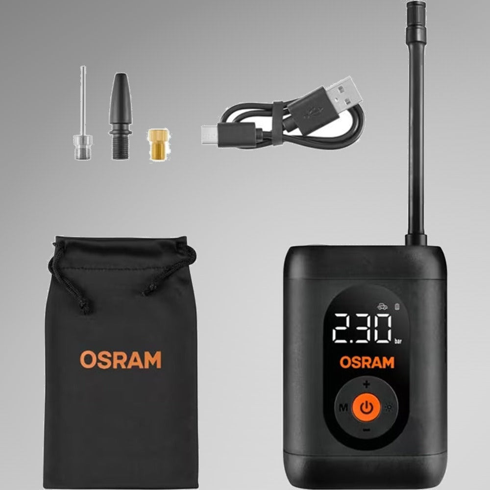 Osram TYREinflate 1600 med medfølgende adaptere, USB-C kabel og opbevaringspose