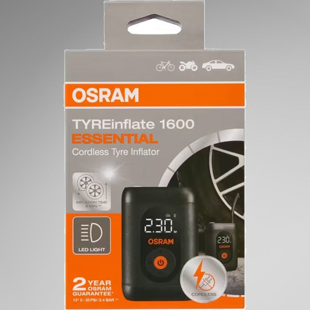 Anden vinkel af emballagen til Osram TYREinflate 1600 Essential dækpumpe