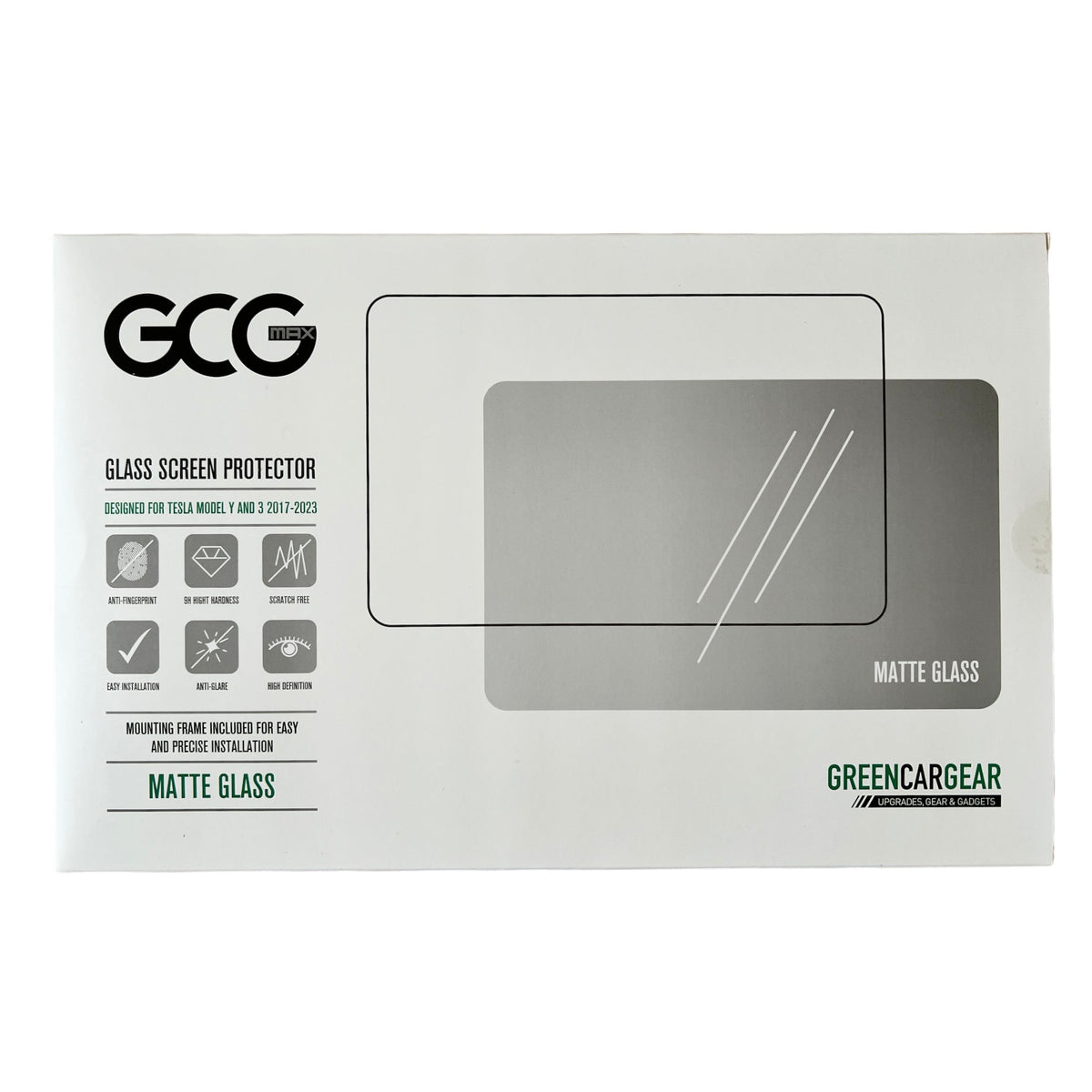 GCG Max mat glazen schermbeschermer voor Tesla Model 3 en Model Y.