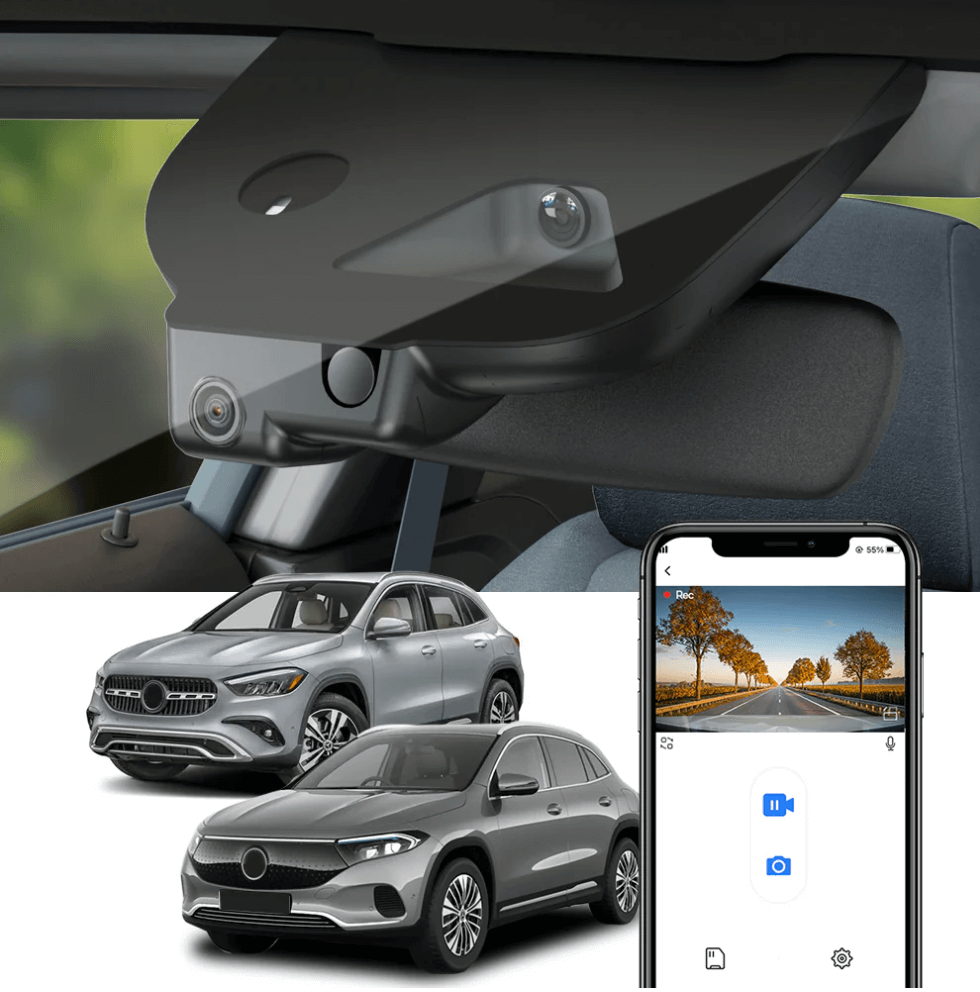 FitCamX dashcam voor Mercedes EQA. App-gestuurde slimme dashcam met elegant OEM-ontwerp.