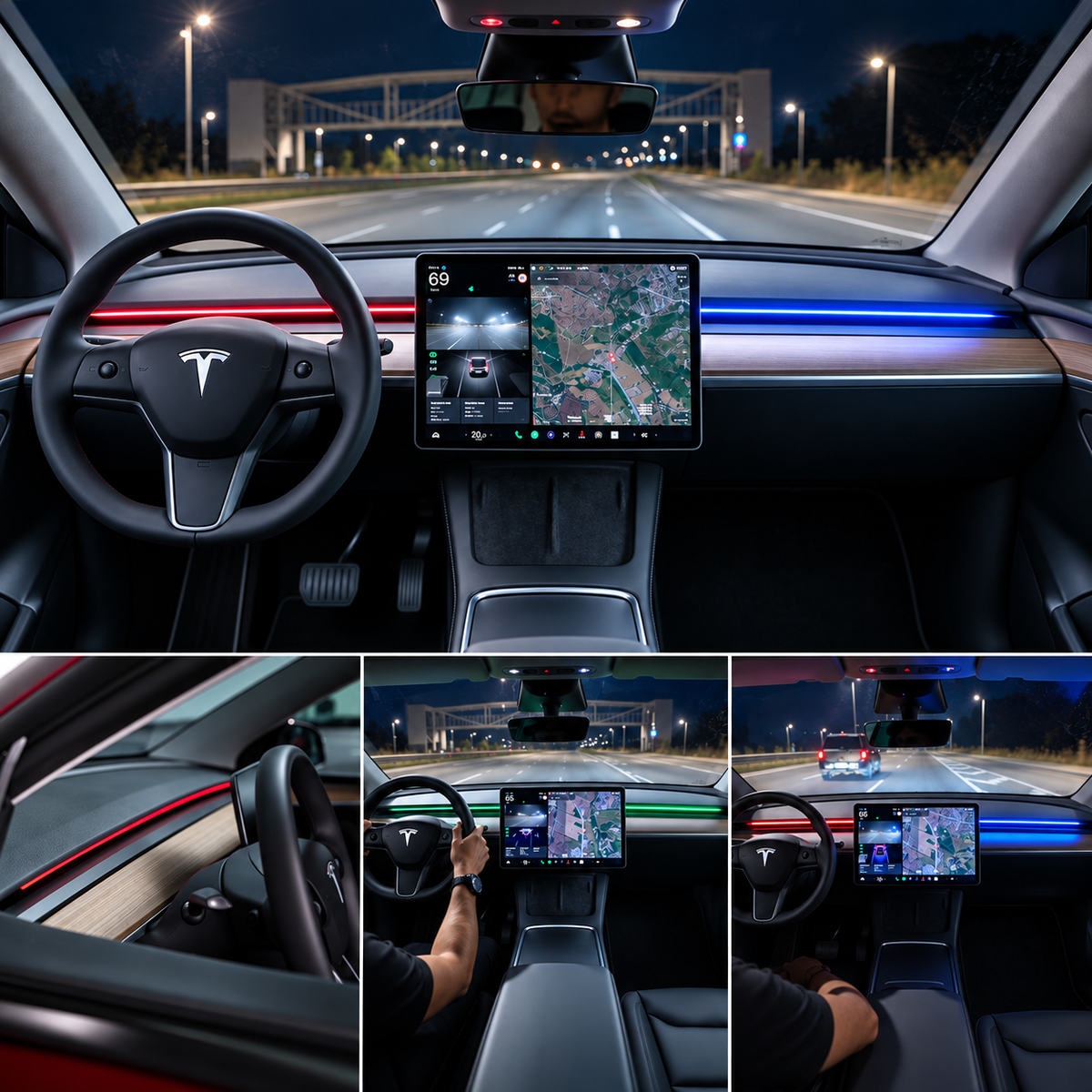 S3XY LED-dekorstribe med farveskift i Tesla Model 3/Y instrumentbræt om natten