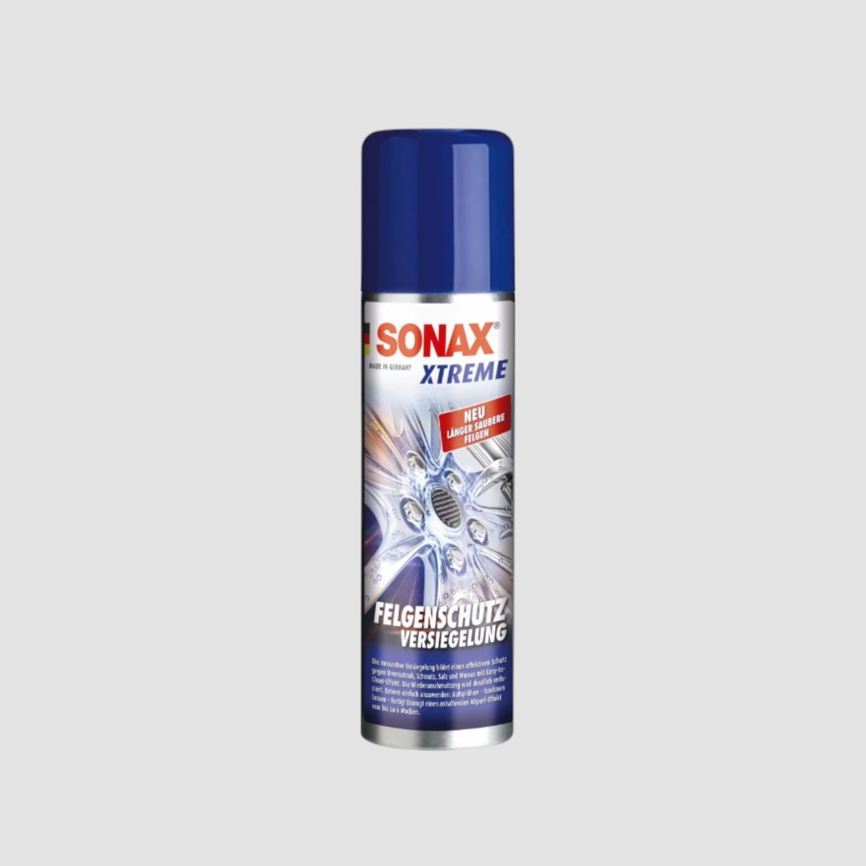 Sonax Xtreme velgsealer in blauwe sprayfles voor autoverzorging.
