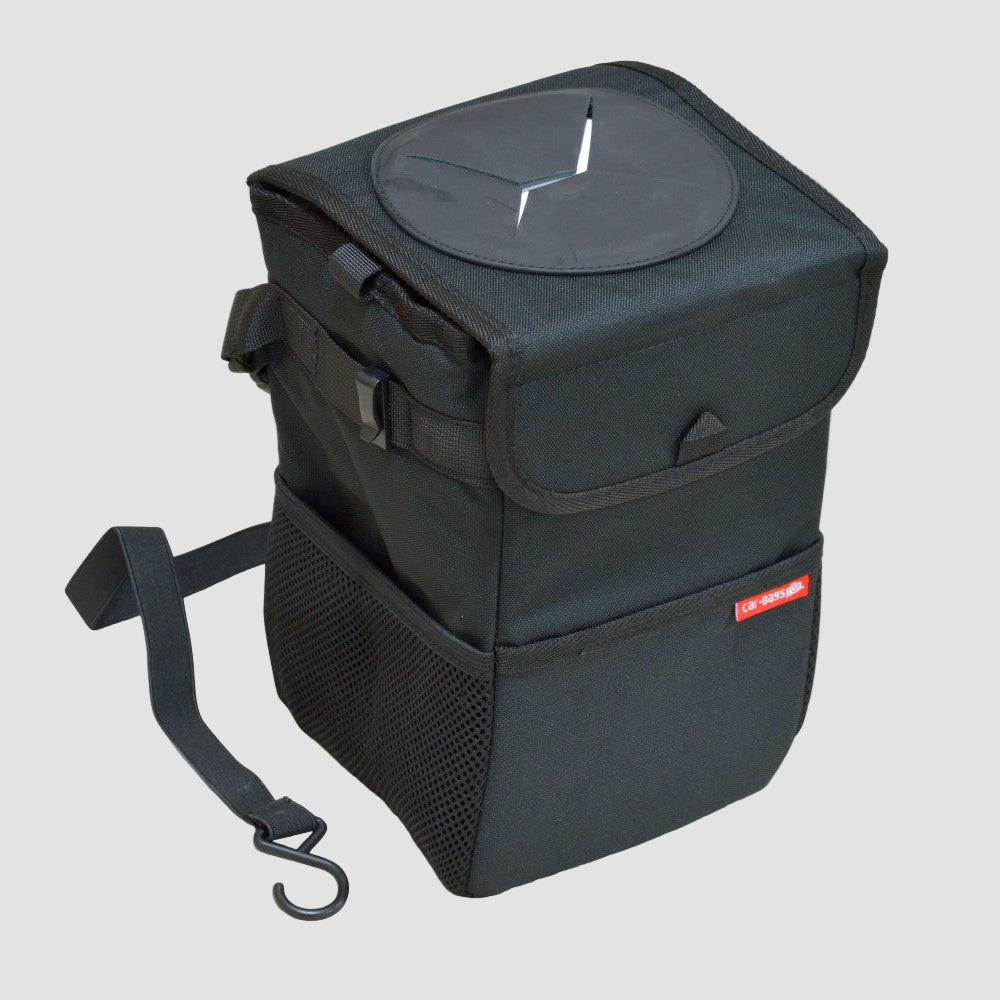 Zwarte auto afvalbak van Car-Bags met netvak en haak om op te hangen.