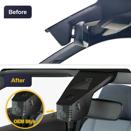 Voor- en nafoto van FitCamX Dashcam geïnstalleerd in een Peugeot e-208 2020-2025 bij de achteruitkijkspiegel.