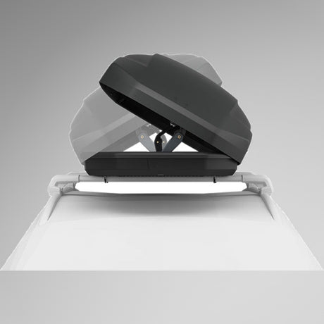Thule Pulse 2 L Black Aeroskin sort tagboks med åbent låg monteret på tagbøjler, illustration