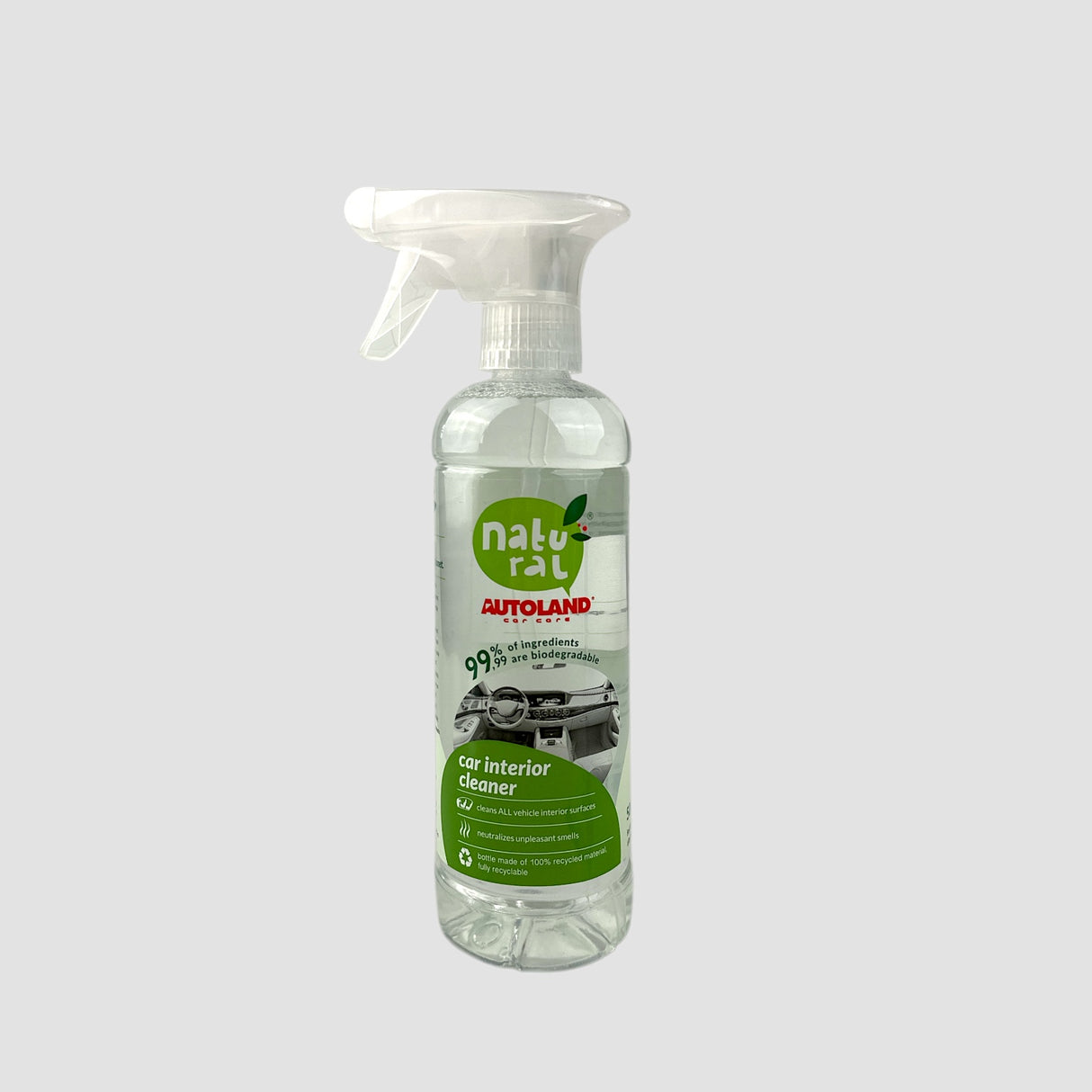 Autoland interieurreinigingssprayfles met groen etiket, geschikt voor het schoonmaken van de auto-inrichting.