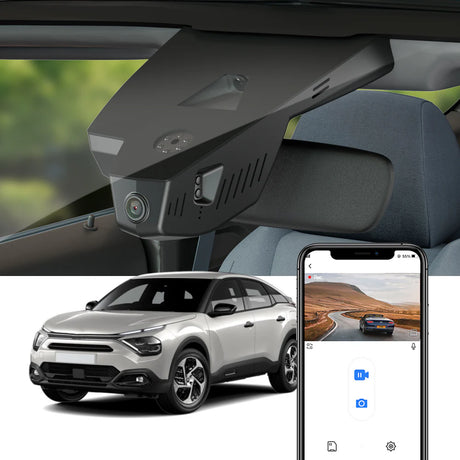FitCamX dashcam gemonteerd in Citroën e-C4 2021-2024, getoond samen met live weergave op smartphone.