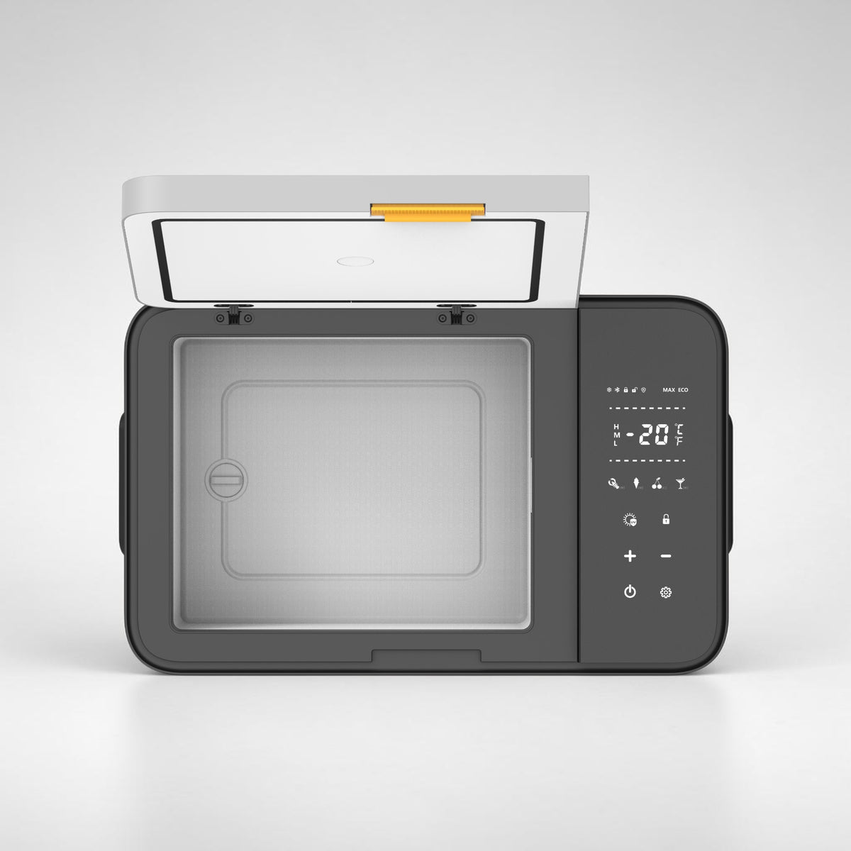 Køleskab set frontfra med kompressordøren åben, viser -20 grader display og kontrolpanel