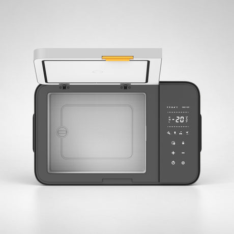 Køleskab set frontfra med kompressordøren åben, viser -20 grader display og kontrolpanel