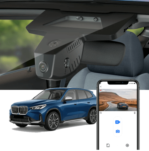 FitCamX dashcam voor BMW X1 en iX1 (U11) getoond gemonteerd.