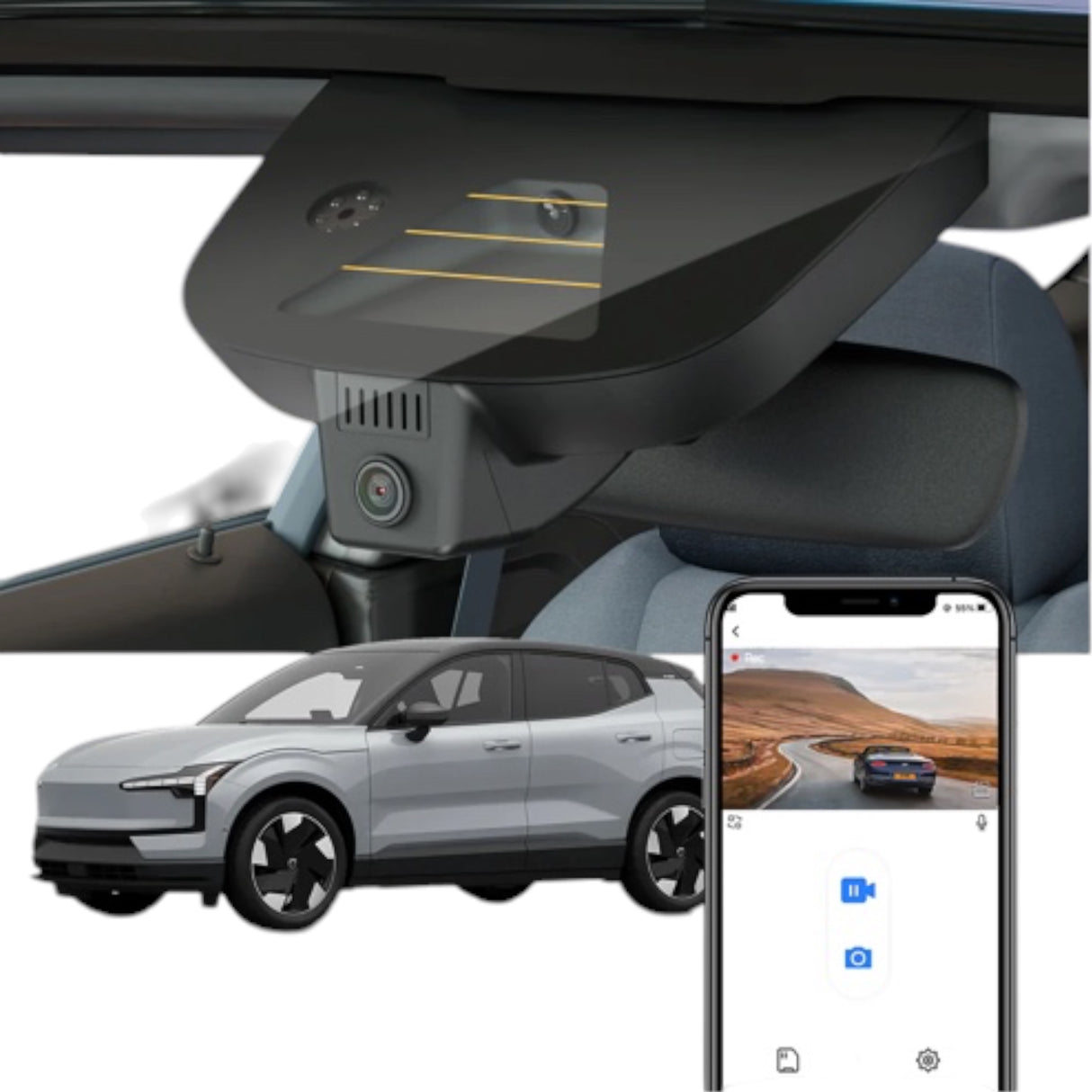 FitCamX Dashcam voor Volvo EX30 2024, met app-weergave en automodel.