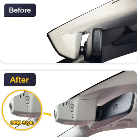 FitCamX dashcam geïnstalleerd in Skoda Elroq 2025, voor en na montage, OEM-stijl weergegeven.