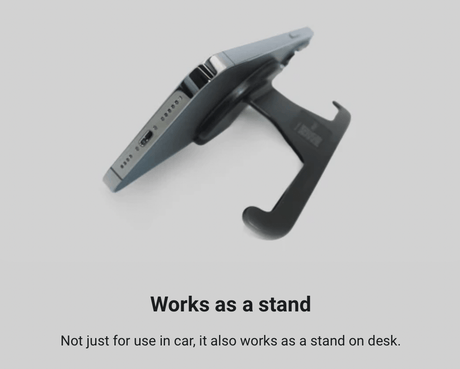 Een Jowua magneethouder die een mobiel stevig vasthoudt met zijn magneet. De tekst beschrijft dat hij ook als standaard kan worden gebruikt, en niet alleen in de auto werkt.