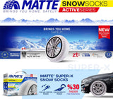 Mat Super-X sneeuwsokken voor auto's met logo en technische specificaties.