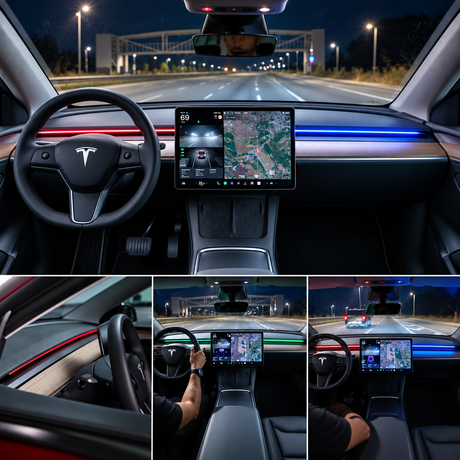 S3XY LED-dekorstribe med farveskift i Tesla Model 3/Y instrumentbræt om natten