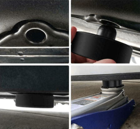 Rubberen beschermkap voor krik, gezien vanuit meerdere hoeken, beschermt de onderkant van de auto