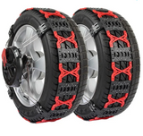 Sneeuwkettingset met rode en zwarte gripprofielen voor betere grip op sneeuw.