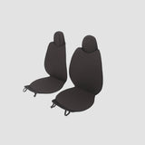 Zwarte stoelbekleding voor de voorstoelen van Tesla Model 3 en Model Y, getoond op een lichte achtergrond.
