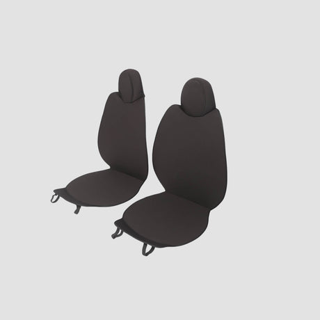 Zwarte stoelbekleding voor de voorstoelen van Tesla Model 3 en Model Y, getoond op een lichte achtergrond.