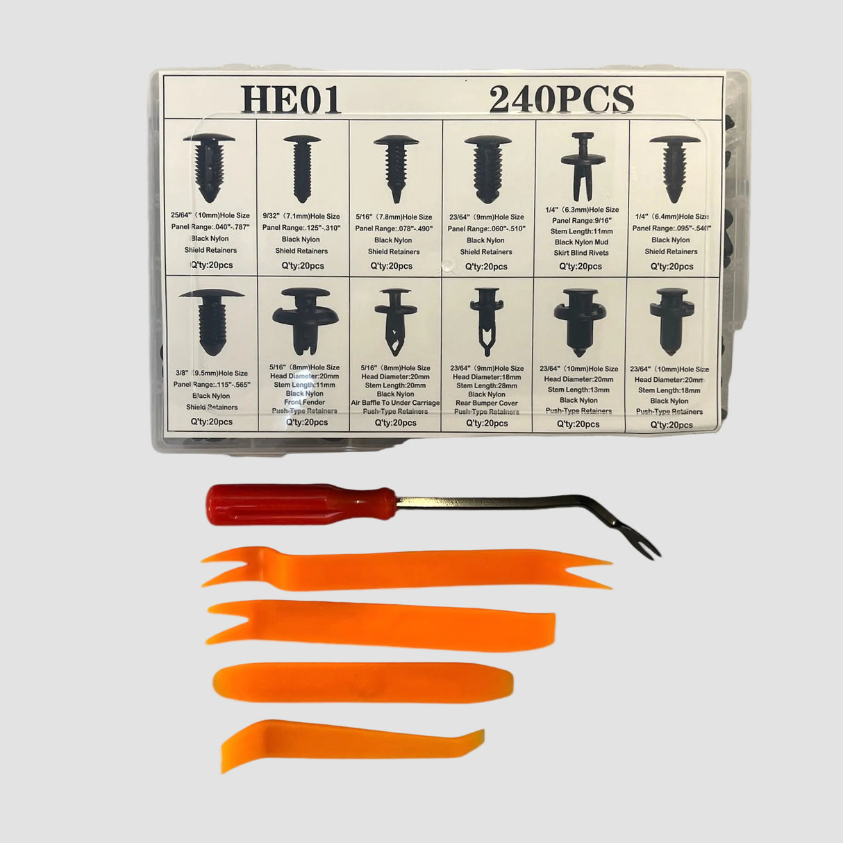 Een doos met veel verschillende clips voor elektrische auto's. Hieronder ziet u gereedschap dat u kunt gebruiken om de oude clips te verwijderen.