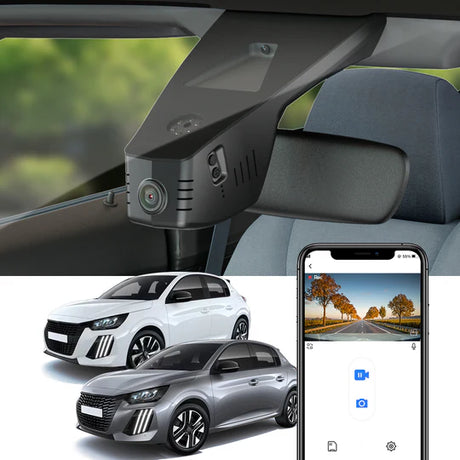 FitCamX dashcam gemonteerd in Peugeot e-208, getoond met app-verbinding en twee automodellen.