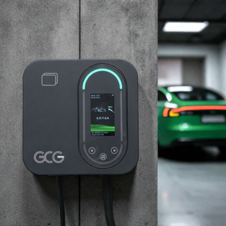 GCG MAX laadstation wandgemonteerd met een groene elektrische auto op de achtergrond.