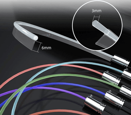 Er wordt getoond hoeveel millimeter plastic de slang voor het LED-licht is. Ook worden de mogelijke kleurcombinaties weergegeven.