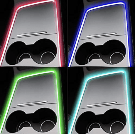 LED gemonteerd in verschillende Tesla's. De kleuren waarin ze te zien zijn, zijn rood, blauw, groen en turquoise blauw.