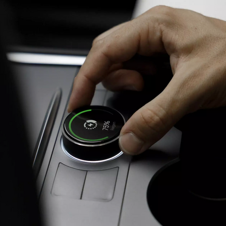 Persoon stelt S3XY Knop in voor Tesla Model 3/Y met regen-display.