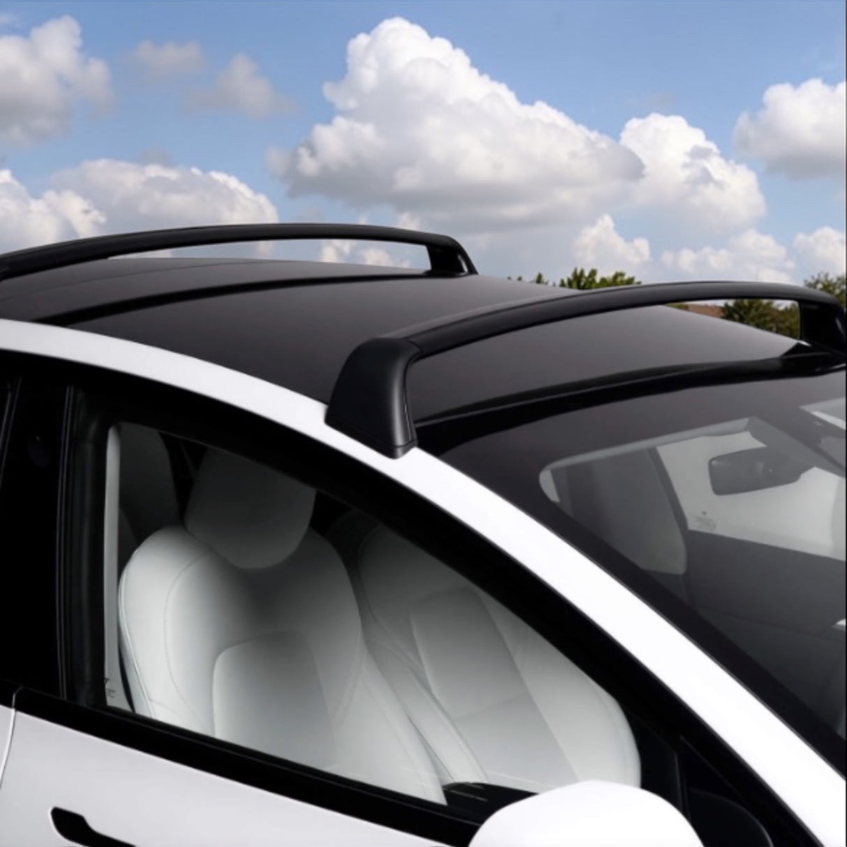 Tesla Model Y met zwarte dakdragers onder een blauwe lucht met wolken